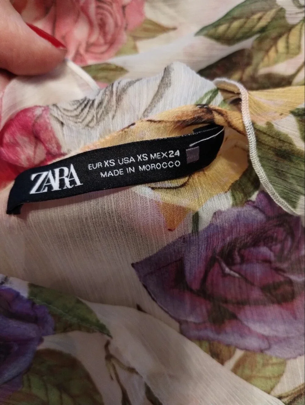 Zara Floral Ruffle Sheer Blouse in White with Pink Purple Yellow Roses XS